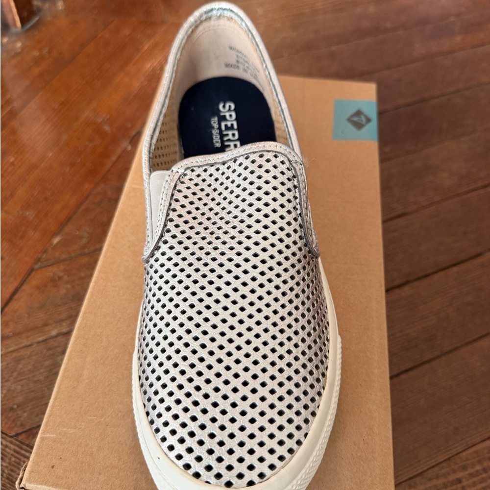 NIB Sperry Women’s Pewter Perforated Slip-Ons - 9.5